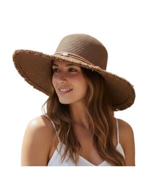 Jessica Simpson Brown Wide Brim Floppy Hat OS Boho Tassel Tie Sun Hat